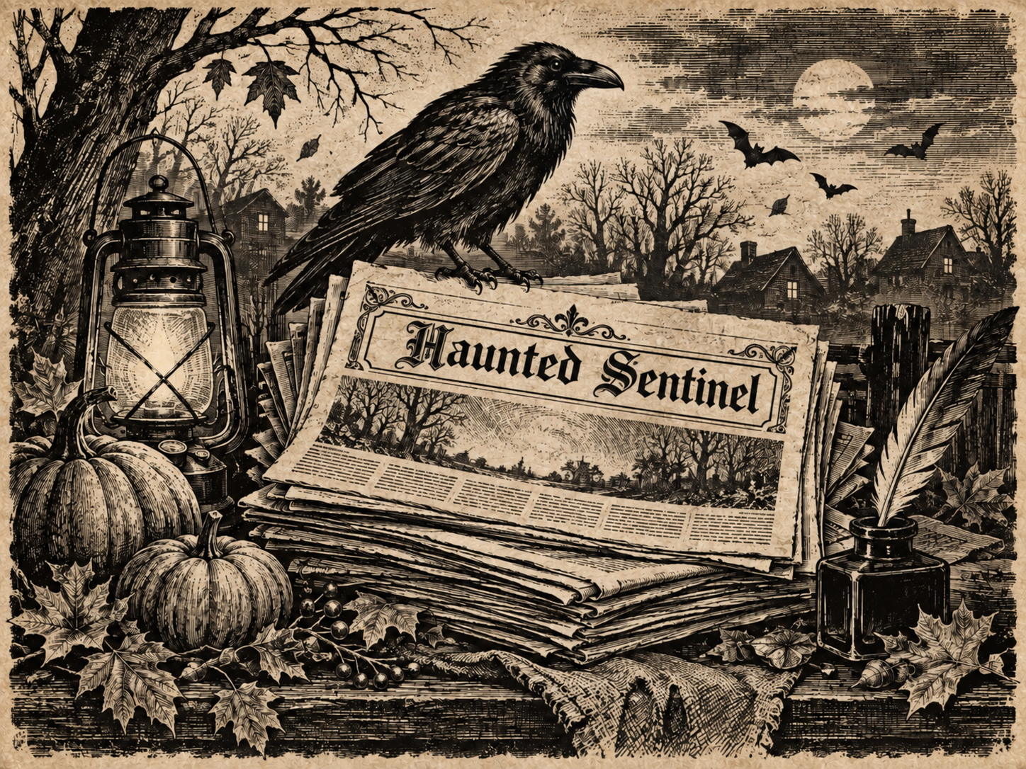 Haunted Sentinel autumn newspaper illustration